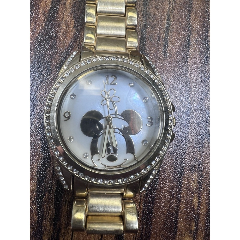 Disney Accutime Gold Tone Minnie Mouse Watch Rhinestone Flower Hat Needs Batt